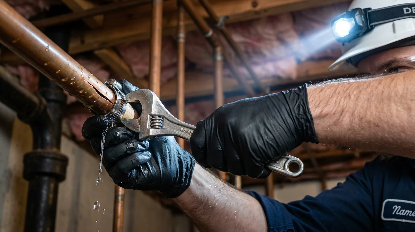 Emergency pipe clamp repair being performed by a Johns Plumbing LLC plumber in Williams