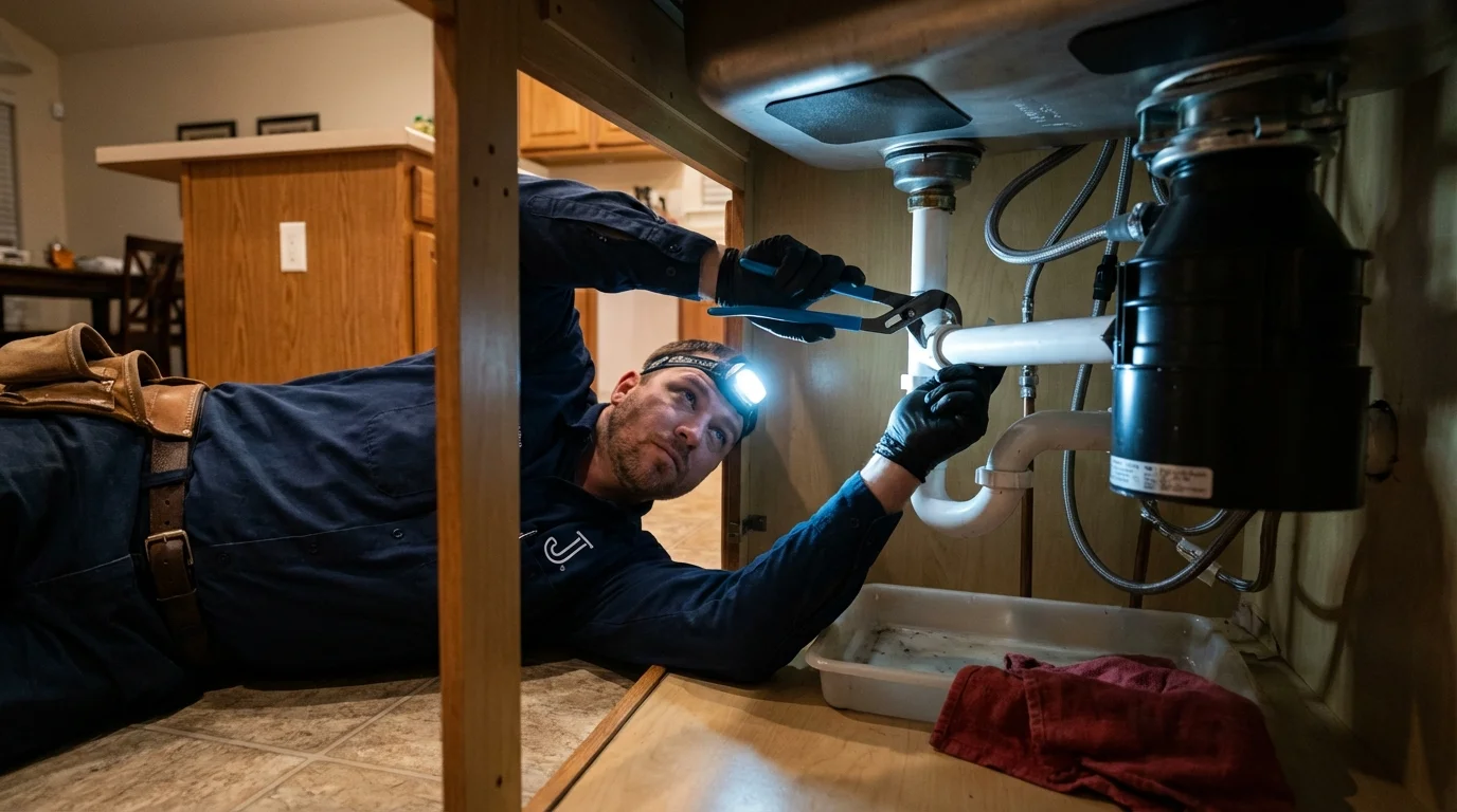 P-trap and supply line connections under a kitchen sink showing a common leak point in Williams, AZ